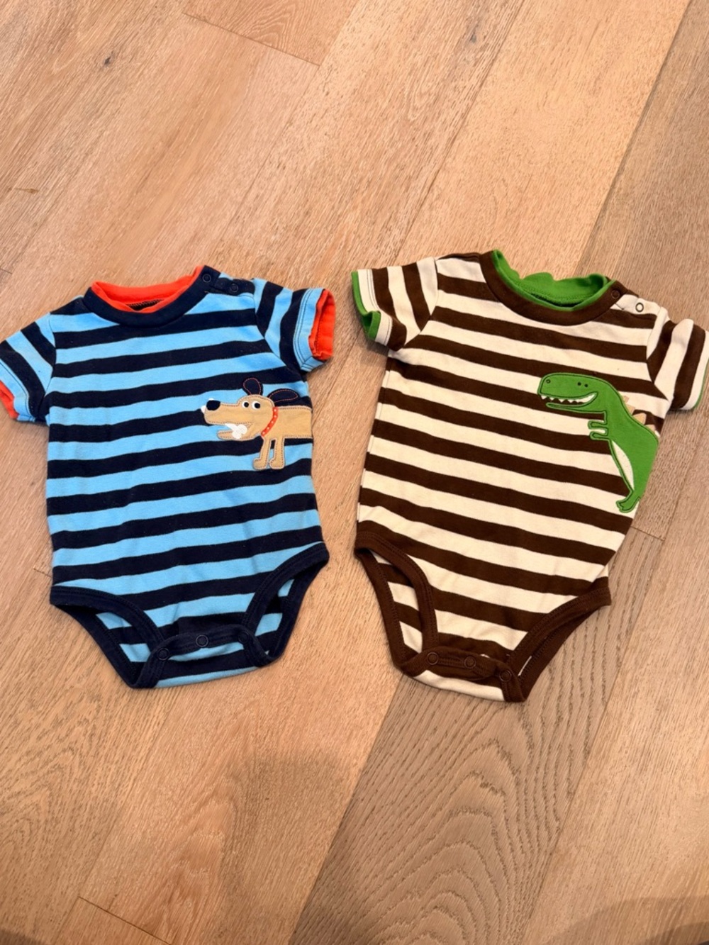 Set of 2 Carter's Striped Dino and Puppy Bodysuits